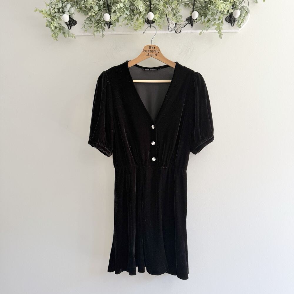 Zara Velvet Black Rhinestone Button Mini Dress Whimsy Goth Dark Moody V5879